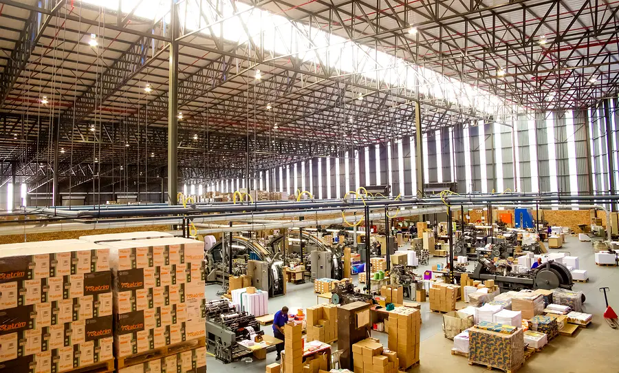 A wide angle photo of a warehouse