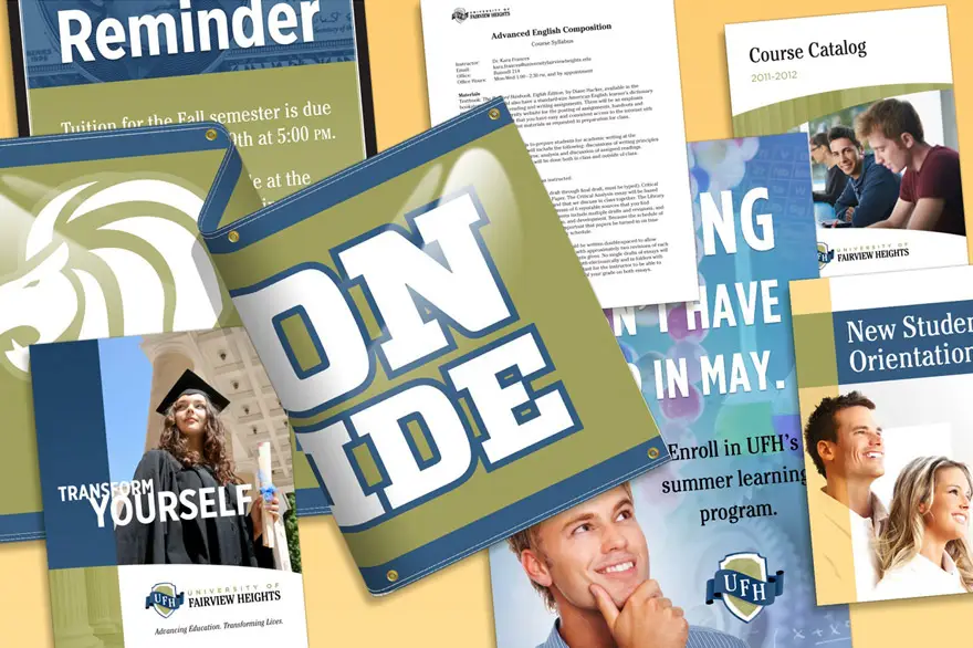 A collage of printed college materials