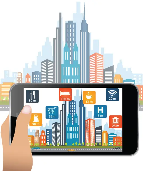 An illustration of a person holding a phone up to a city