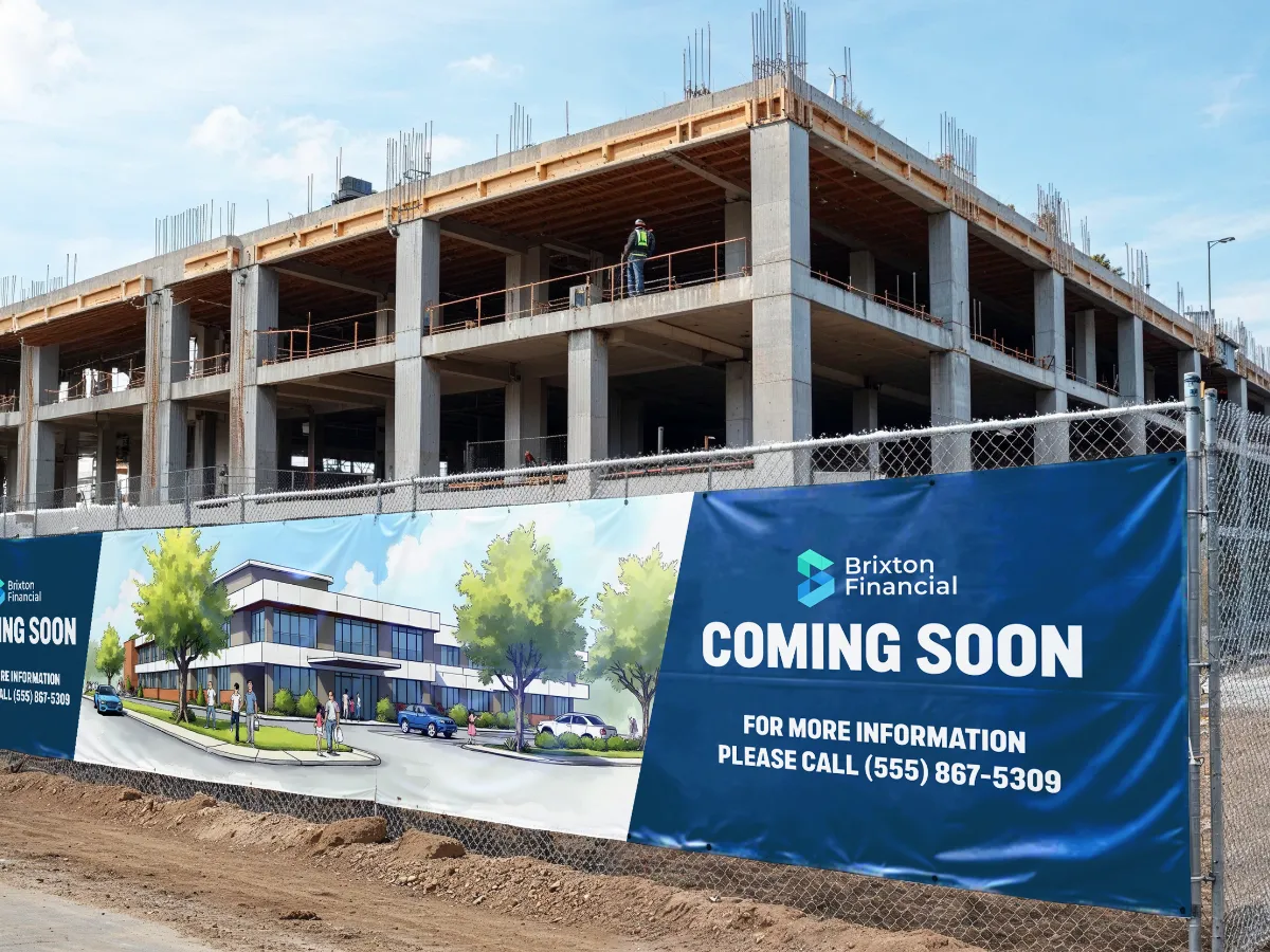 Financial building under construction with a fence wrap prominently displayed