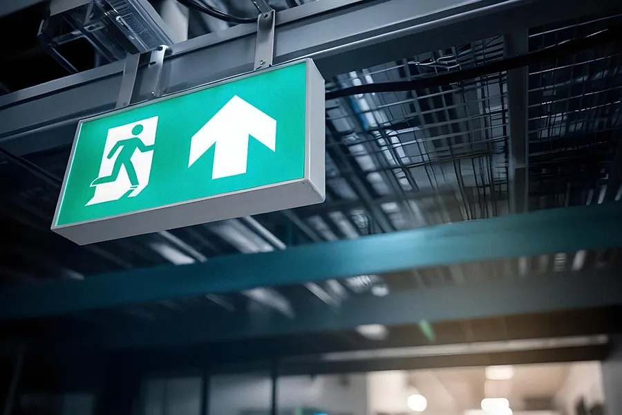 A lighted wayfinding sign in a factory